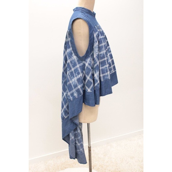 For Her NYC Blouse Top XL High Low Hem Chambray Blue Tie Dyed Plaid Cape-like - Picture 2 of 9